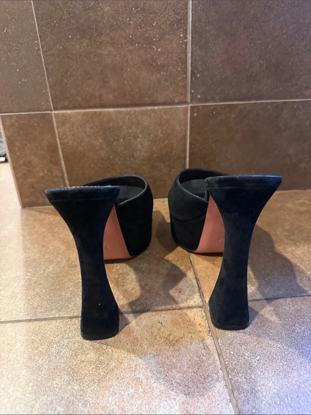 Amina Muaddi Black Suede Platform Slide Sandals with Blush Insole